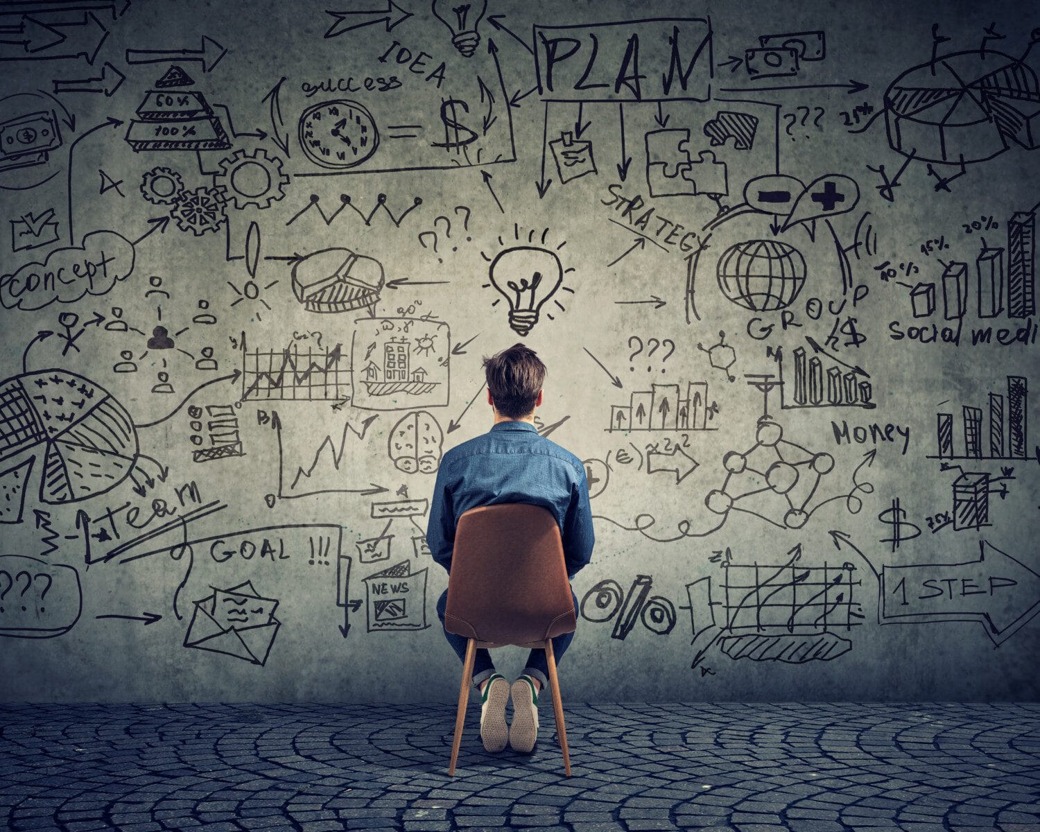 Back view of freelancer man sitting in front of wall with strategy and creating a plan.