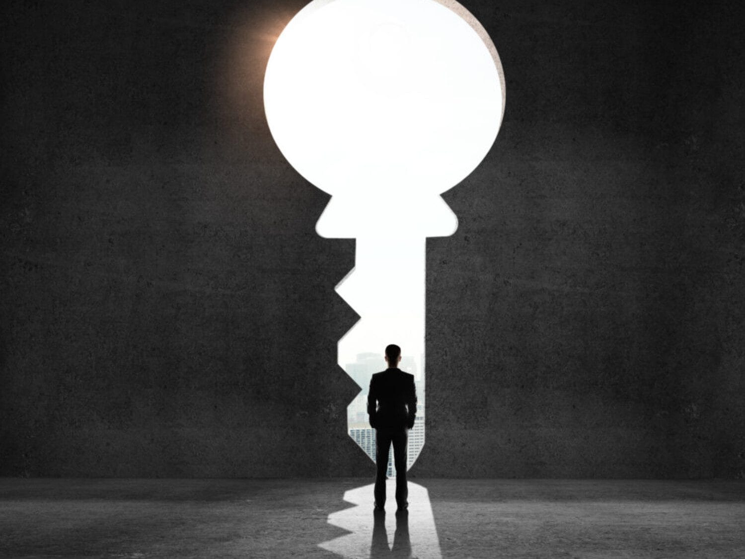 businessman looking an big key and drawing concept